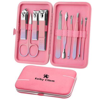Picture of Manicure Set, Travel Mini Nail Clippers Kit Pedicure Care Tools, 10pcs Stainless Steel Grooming kit (Pink Purple)