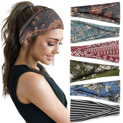Picture of Huachi Boho Headbands - Wide Non-Slip Hair Accessories for Women's Yoga, Workout and Summer, 6 Pack