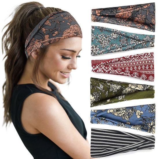 Picture of Huachi Boho Headbands - Wide Non-Slip Hair Accessories for Women's Yoga, Workout and Summer, 6 Pack