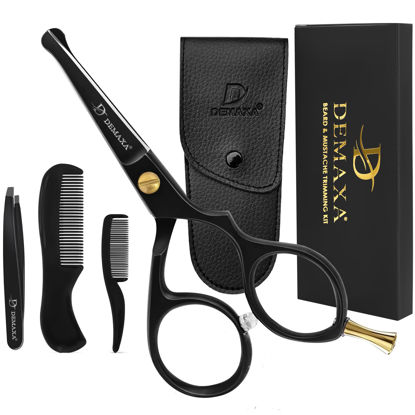 Picture of DEMAXA 5" Professional Mustache Scissors Beard Scissors for Men with Slanted Tweezers 1 Mustache Comb 1 Beard Comb & Pouch - Beard Trimming kit & Mustache Kit (Premium 4.2 Blunt Tip Set)