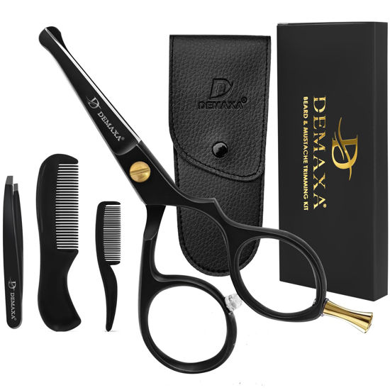 Picture of DEMAXA 5" Professional Mustache Scissors Beard Scissors for Men with Slanted Tweezers 1 Mustache Comb 1 Beard Comb & Pouch - Beard Trimming kit & Mustache Kit (Premium 4.2 Blunt Tip Set)