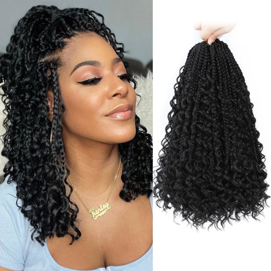 Picture of Yewell 14 Inch Goddess Box Braids Crochet Hair Curly Ends 9 Packs Pre Looped Boho Crochet Box Braids Bohemian Box Braid Crochet Hair For Black Women (14Inch 9 Packs,1B)