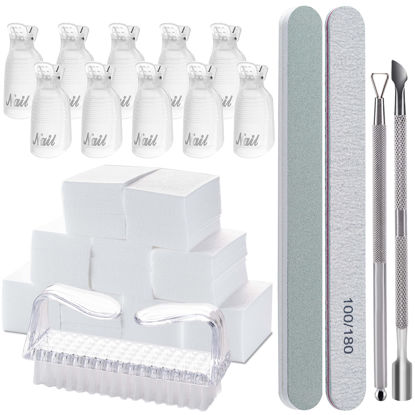 Picture of Gel Nail Polish Remover Tools Kit, with 10 Pcs Nail Clips, 400 Pcs Lint Free Nail Wipes, Nail Files 100/180, Buffer Block 400/4000, Nail Brush, Cuticle Pusher& Peeler (Clear)