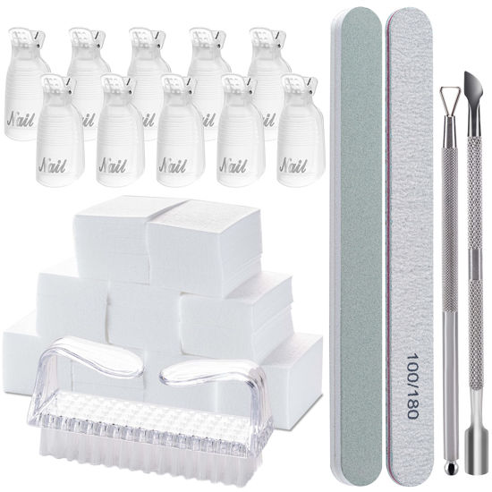 Picture of Gel Nail Polish Remover Tools Kit, with 10 Pcs Nail Clips, 400 Pcs Lint Free Nail Wipes, Nail Files 100/180, Buffer Block 400/4000, Nail Brush, Cuticle Pusher& Peeler (Clear)