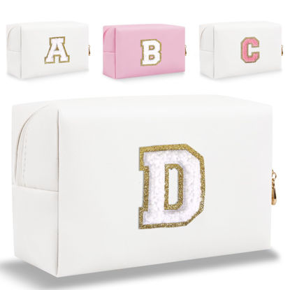 Picture of HENGNI Small Personalized Letter Makeup Bag, Cute PU Leather Chenille Letters Cosmetic Bag Travel Makeup Bag, Preppy Makeup Pouch Travel Organizer Zipper Pouch Organizer for Women and Girls(White-D)