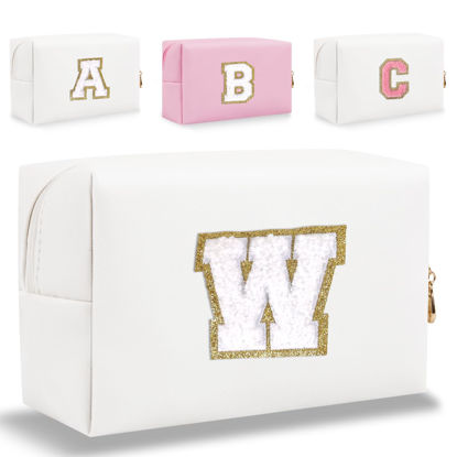 Picture of HENGNI Small Personalized Letter Makeup Bag, Cute PU Leather Chenille Letters Cosmetic Bag Travel Makeup Bag, Preppy Makeup Pouch Travel Organizer Zipper Pouch Organizer for Women and Girls(White-W)