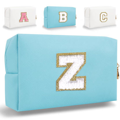 Picture of Small Personalized Initial Letter Makeup Bag, Cute Waterproof PU Leather Chenille Letter Cosmetic Bag Travel Makeup Bag, Preppy Makeup Pouch Toiletry Zipper Pouch Organizer for Women and Girls(Blue-Z)