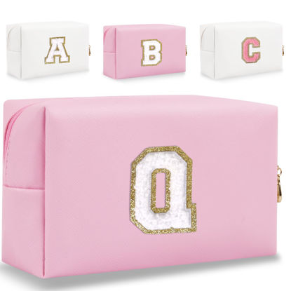Picture of HENGNI Small Personalized Letter Makeup Bag, Cute PU Leather Chenille Letters Cosmetic Bag Travel Makeup Bag, Preppy Makeup Pouch Travel Organizer Zipper Pouch Organizer for Women and Girls(Pink-Q)