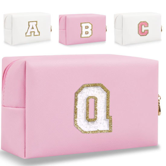 Picture of HENGNI Small Personalized Letter Makeup Bag, Cute PU Leather Chenille Letters Cosmetic Bag Travel Makeup Bag, Preppy Makeup Pouch Travel Organizer Zipper Pouch Organizer for Women and Girls(Pink-Q)