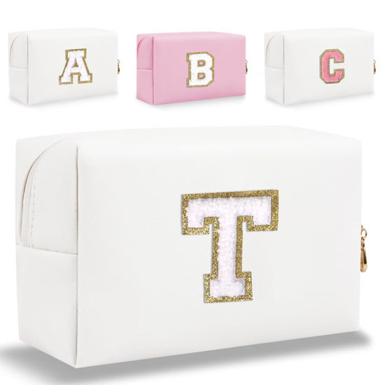 Picture of HENGNI Small Personalized Letter Makeup Bag, Cute PU Leather Chenille Letters Cosmetic Bag Travel Makeup Bag, Preppy Makeup Pouch Travel Organizer Zipper Pouch Organizer for Women and Girls(White-T)