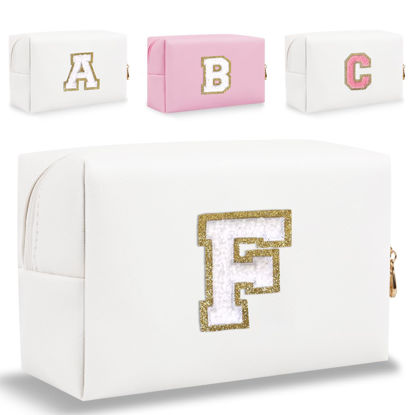 Picture of HENGNI Small Personalized Letter Makeup Bag, Cute PU Leather Chenille Letters Cosmetic Bag Travel Makeup Bag, Preppy Makeup Pouch Travel Organizer Zipper Pouch Organizer for Women and Girls(White-F)