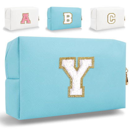 Picture of Small Personalized Initial Letter Makeup Bag, Cute Waterproof PU Leather Chenille Letter Cosmetic Bag Travel Makeup Bag, Preppy Makeup Pouch Toiletry Zipper Pouch Organizer for Women and Girls(Blue-Y)