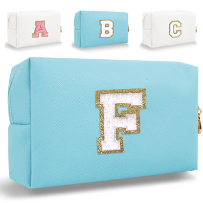 Picture of Small Personalized Initial Letter Makeup Bag, Cute Waterproof PU Leather Chenille Letter Cosmetic Bag Travel Makeup Bag, Preppy Makeup Pouch Toiletry Zipper Pouch Organizer for Women and Girls(Blue-F)