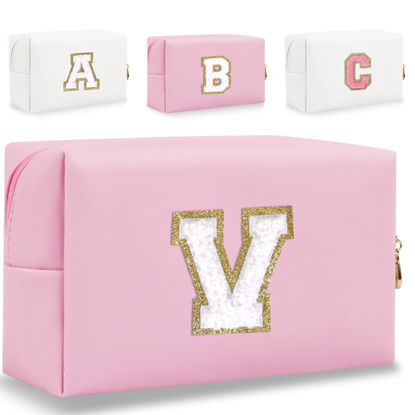 Picture of HENGNI Small Personalized Letter Makeup Bag, Cute PU Leather Chenille Letters Cosmetic Bag Travel Makeup Bag, Preppy Makeup Pouch Travel Organizer Zipper Pouch Organizer for Women and Girls(Pink-V)