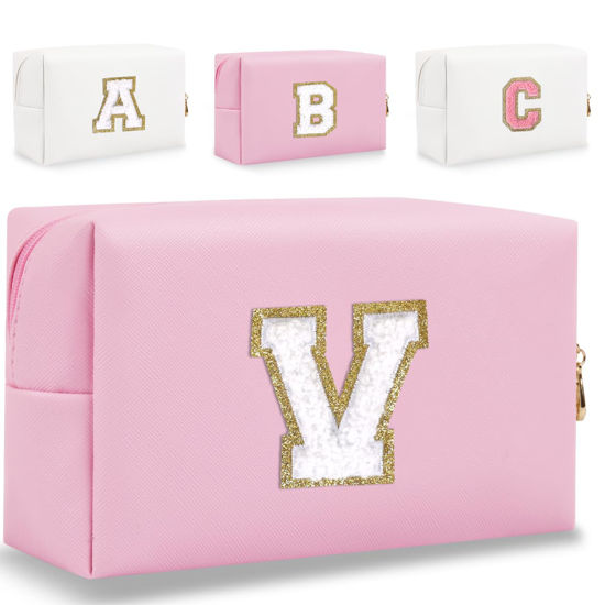 Picture of HENGNI Small Personalized Letter Makeup Bag, Cute PU Leather Chenille Letters Cosmetic Bag Travel Makeup Bag, Preppy Makeup Pouch Travel Organizer Zipper Pouch Organizer for Women and Girls(Pink-V)