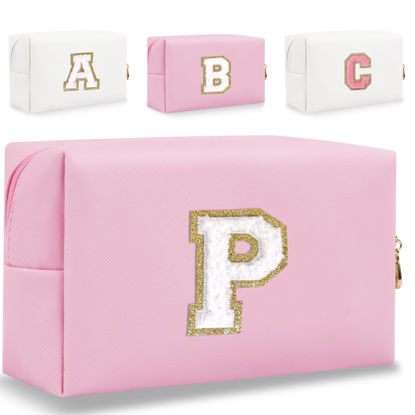 Picture of HENGNI Small Personalized Letter Makeup Bag, Cute PU Leather Chenille Letters Cosmetic Bag Travel Makeup Bag, Preppy Makeup Pouch Travel Organizer Zipper Pouch Organizer for Women and Girls(Pink-P)