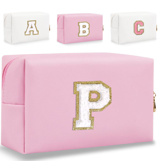 Picture of HENGNI Small Personalized Letter Makeup Bag, Cute PU Leather Chenille Letters Cosmetic Bag Travel Makeup Bag, Preppy Makeup Pouch Travel Organizer Zipper Pouch Organizer for Women and Girls(Pink-P)