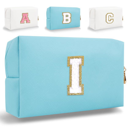 Picture of Small Personalized Initial Letter Makeup Bag, Cute Waterproof PU Leather Chenille Letter Cosmetic Bag Travel Makeup Bag, Preppy Makeup Pouch Toiletry Zipper Pouch Organizer for Women and Girls(Blue-I)