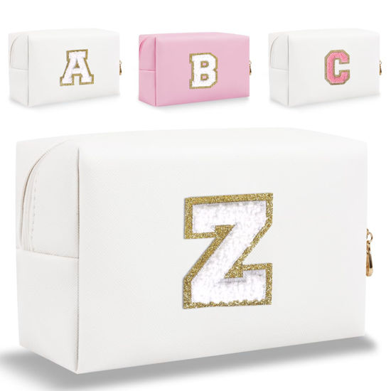 Picture of HENGNI Small Personalized Letter Makeup Bag, Cute PU Leather Chenille Letters Cosmetic Bag Travel Makeup Bag, Preppy Makeup Pouch Travel Organizer Zipper Pouch Organizer for Women and Girls(White-Z)