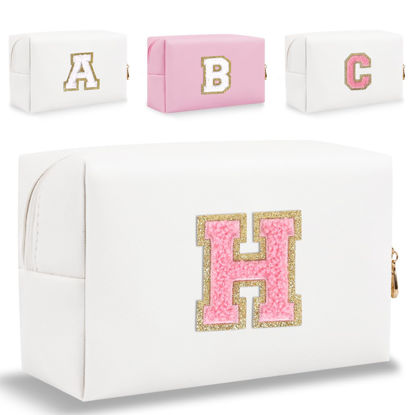 Picture of Small Personalized Letter Makeup Bag, Cute PU Leather Chenille Letters Cosmetic Bag Travel Makeup Bag, Preppy Makeup Pouch Travel Organizer Zipper Pouch Organizer for Women and Girls(WhitePink-H)