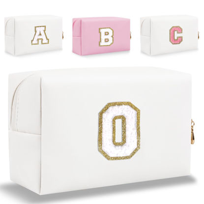 Picture of HENGNI Small Personalized Letter Makeup Bag, Cute PU Leather Chenille Letters Cosmetic Bag Travel Makeup Bag, Preppy Makeup Pouch Travel Organizer Zipper Pouch Organizer for Women and Girls(White-O)