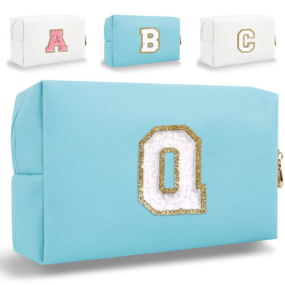Picture of Small Personalized Initial Letter Makeup Bag, Cute Waterproof PU Leather Chenille Letter Cosmetic Bag Travel Makeup Bag, Preppy Makeup Pouch Toiletry Zipper Pouch Organizer for Women and Girls(Blue-Q)
