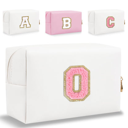 Picture of Small Personalized Letter Makeup Bag, Cute PU Leather Chenille Letters Cosmetic Bag Travel Makeup Bag, Preppy Makeup Pouch Travel Organizer Zipper Pouch Organizer for Women and Girls(WhitePink-O)