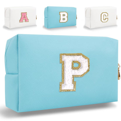 Picture of Small Personalized Initial Letter Makeup Bag, Cute Waterproof PU Leather Chenille Letter Cosmetic Bag Travel Makeup Bag, Preppy Makeup Pouch Toiletry Zipper Pouch Organizer for Women and Girls(Blue-P)