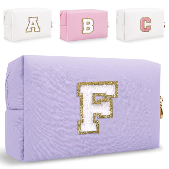 Picture of Small Personalized Initial Letter Makeup Bag, Cute Waterproof PU Leather Chenille Letter Cosmetic Bag Travel Makeup Bag, Preppy Makeup Pouch Toiletry Zipper Pouch Organizer for Women and Girls(PL-F
