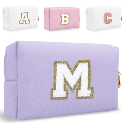 Picture of Small Personalized Initial Letter Makeup Bag, Cute Waterproof PU Leather Chenille Letter Cosmetic Bag Travel Makeup Bag, Preppy Makeup Pouch Toiletry Zipper Pouch Organizer for Women and Girls(PL-M