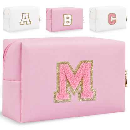 Picture of Small Personalized Initial Letter Makeup Bag, Cute Waterproof PU Leather Chenille Letter Cosmetic Bag Travel Makeup Bag, Preppy Makeup Pouch Toiletry Zipper Pouch Organizer for Women and Girls(Pink-M