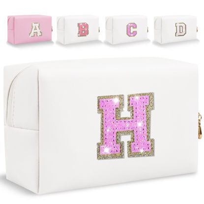 Picture of Glitter Initial Letter Makeup Bag, Small Personalized Sequins Letters PU Leather Cosmetic Bag Portable Waterproof Makeup Zipper Pouch, Shine Handbag Organizer Travel Bag Gifts for Women&Girls(White-H)