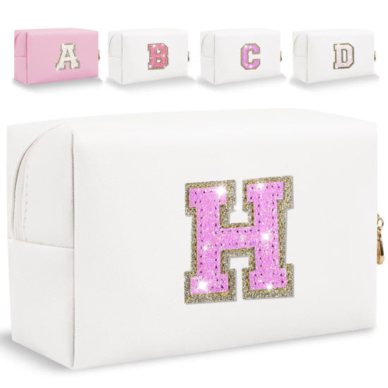 Picture of Glitter Initial Letter Makeup Bag, Small Personalized Sequins Letters PU Leather Cosmetic Bag Portable Waterproof Makeup Zipper Pouch, Shine Handbag Organizer Travel Bag Gifts for Women&Girls(White-H)