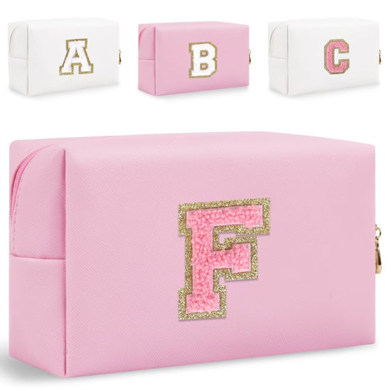Picture of Small Personalized Initial Letter Makeup Bag, Cute Waterproof PU Leather Chenille Letter Cosmetic Bag Travel Makeup Bag, Preppy Makeup Pouch Toiletry Zipper Pouch Organizer for Women and Girls(Pink-F