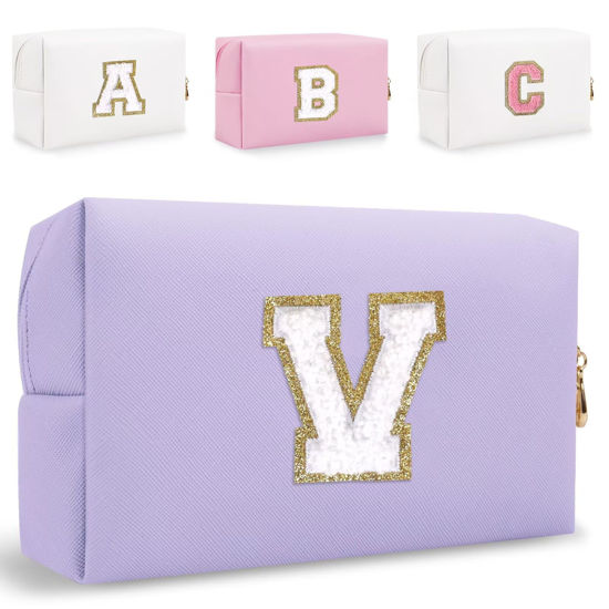 Picture of Small Personalized Initial Letter Makeup Bag, Cute Waterproof PU Leather Chenille Letter Cosmetic Bag Travel Makeup Bag, Preppy Makeup Pouch Toiletry Zipper Pouch Organizer for Women and Girls(PL-V