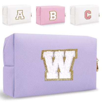 Picture of Small Personalized Initial Letter Makeup Bag, Cute Waterproof PU Leather Chenille Letter Cosmetic Bag Travel Makeup Bag, Preppy Makeup Pouch Toiletry Zipper Pouch Organizer for Women and Girls(PL-W