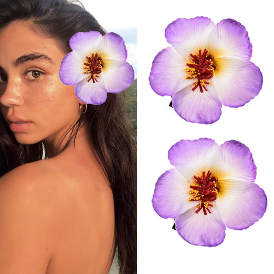 Picture of Love Sweety 2pc Hawaiian Plumeria Hair Clips Galsang Flower Barrettes for Beach Party(Purple)