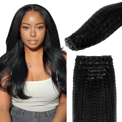 Picture of Lashey Seamless Clip in Hair Extensions Human Hair #1 Jet Black Kinky Straight Clip in Hair Extensions Real Human Hair 7pcs 110g 14 Inch PU Weft Natural Hair Extensions for Women