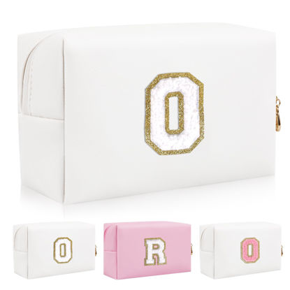 Picture of Personalized Initial Letter Patch Makeup Bag, Preppy Portable Chenille Letter Cosmetic Bag with Zipper, PU Leather Waterproof Travel Toiletry Bag Monogram Make Up Pouch for Women Girls(Letter O)