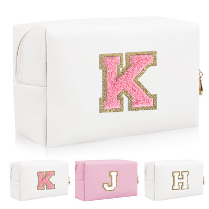 Picture of Personalized Initial Letter Patch Makeup Bag, Preppy Portable Chenille Letter Cosmetic Bag with Zipper, PU Leather Waterproof Travel Toiletry Bag Monogram Make Up Pouch for Women Girls(Letter K)