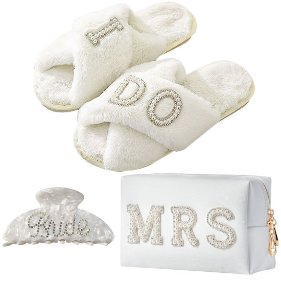 Picture of Tkifoda Bride To Be Gift Set Bride Makeup Bag I Do Bride Slippers Bride Robe Bride Hair Clip Bride Gifts Wedding Gifts (Slippers+Makeup Bag+Clip)