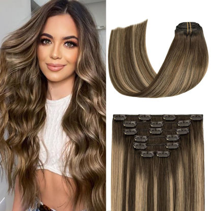 Picture of Aison Caramel Clip in Extensions Real Human Hair Chocolate Brown Balayage Caramel Blonde 12 Inch 70g Brown Highlights Hair Extensions Clip ins Ombre Hair Extensions Clip in