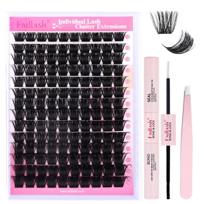Picture of FADLASH Lash Extension DIY Kit Volume Fluffy Lash Clusters D Curl Cluster Lashes with Lash Bond and Seal Lash Tweezers for DIY Eyelash Extension at Home for Self Use（Kit 200D-0.07D-12-18MIX）