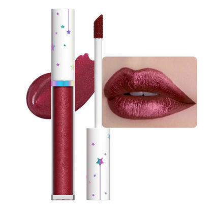 Picture of evpct 1Pcs Dark Red Metallic Shimmer Glitter Lip Gloss Liquid Lipstick Long Lasting Waterproof 24, Glitter Pearlescent Metallic Sparkly Glossy Liquid Lipsticks Lip Stain Makeup Set for Women 10#