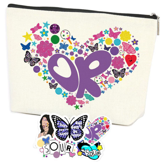 Picture of Azteoiz Rodrigo Sour OR Makeup Bag Gift Sour Album Cosmetic Bag 5pcs Stickers Musical Lyrics Fans Gift Makeup Zipper Pouch Bag For Women Girls Music Singer Song Gift