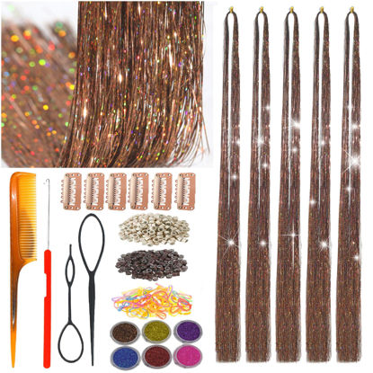 Picture of CelineBella Hair Tinsel Kit with Tools Coffee Brown Tinsel Hair Heat Resistant Fairy Hair Sparkling Shiny Glitter Hair Extensions for Women Girls Kids