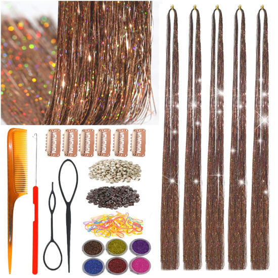 Picture of CelineBella Hair Tinsel Kit with Tools Coffee Brown Tinsel Hair Heat Resistant Fairy Hair Sparkling Shiny Glitter Hair Extensions for Women Girls Kids
