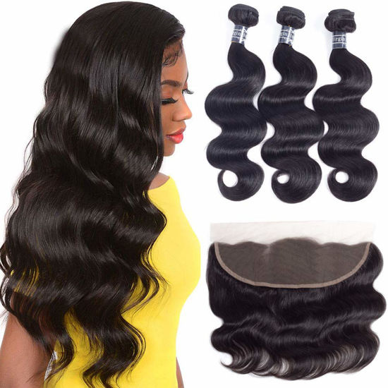 Picture of Amella Hair 10A Brazilian Body Wave Frontal(18" 20" 22"+16"13x4 Frontal) 3 Bundles with Frontal Ear to Ear Lace Frontal Closure Free Part with Bundles Brazilian Body Wave Frontal Natural Black Color