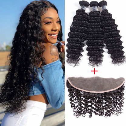 Picture of Amella Hair Deep Wave 3 Bundles with Frontal 13x4 Lace Closure Pre Plucked Brazilian Deep Wave Virgin Human Hair with Lace Frontal Free Part 16” 18" 20"+14"Frontal