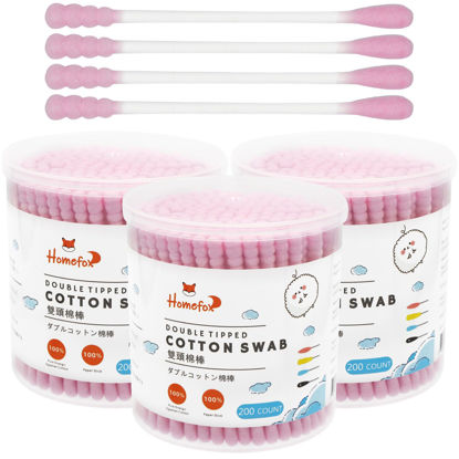 Picture of HOMEFOX Pink Cotton Swabs Spiral - 600 Count Organic Cotton Buds Double Side Tightly Wrapped Cotton Tips Paper Stick Soft Gentle Lint-Free Cruelty-Free, Round & Spiral (Pink)